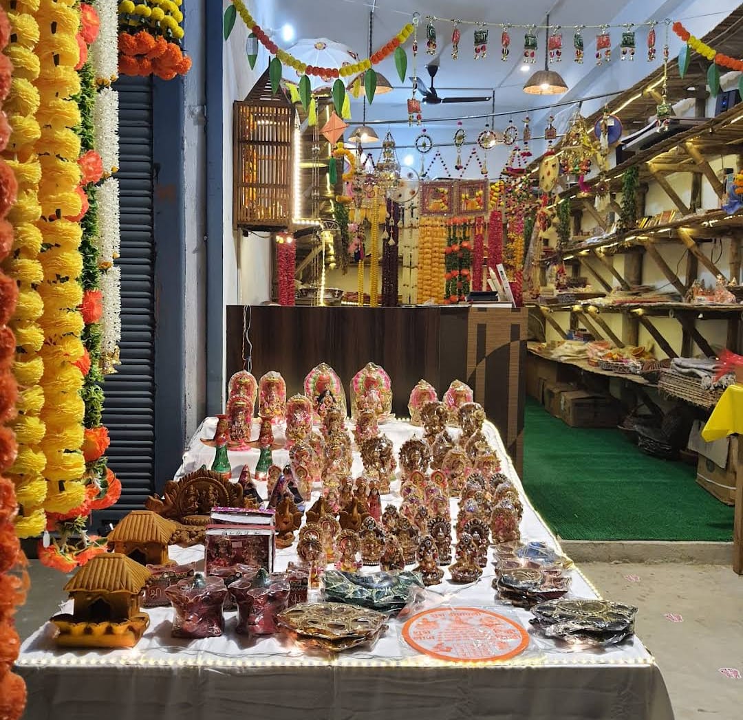Idols and decorative items on display at the shop